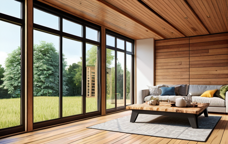 **
Prompt: A modern and stylish home interior showcasing sustainable design elements. Focus on the use of natural wood, large windows for energy efficiency, and smart home technology integration. Capture a bright and inviting atmosphere.
**