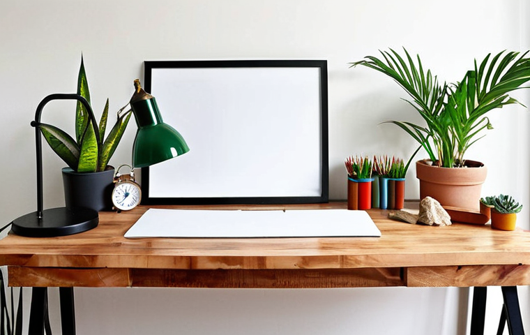 **"Inspiring home design workspace, natural wood desk, metal lamp, white walls, color swatches, plants, organized, bright, creative atmosphere."** (This visualizes the inspiring color and texture palette)