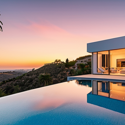 Home 7 **
"Modern villa exterior at sunset, infinity pool reflecting the vibrant sky, minimalist design, warm lighting, showcasing clean lines and luxurious materials. Palm trees, Mediterranean landscape, high-resolution, professional architectural photography."
**