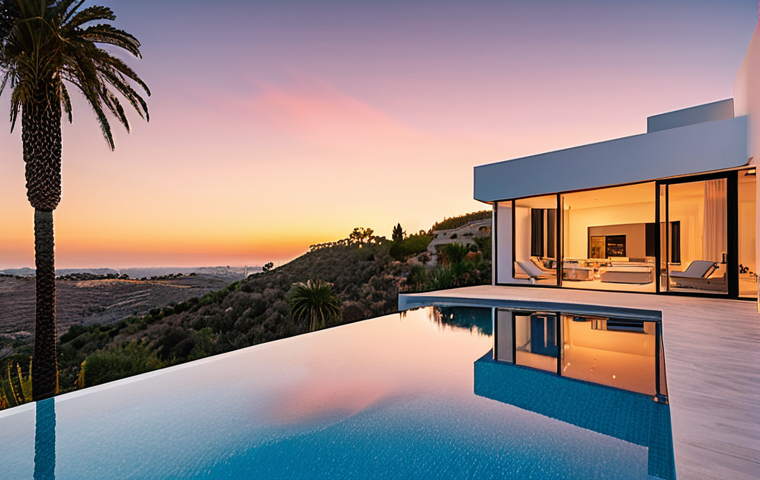 **

"Modern villa exterior at sunset, infinity pool reflecting the vibrant sky, minimalist design, warm lighting, showcasing clean lines and luxurious materials. Palm trees, Mediterranean landscape, high-resolution, professional architectural photography."

**